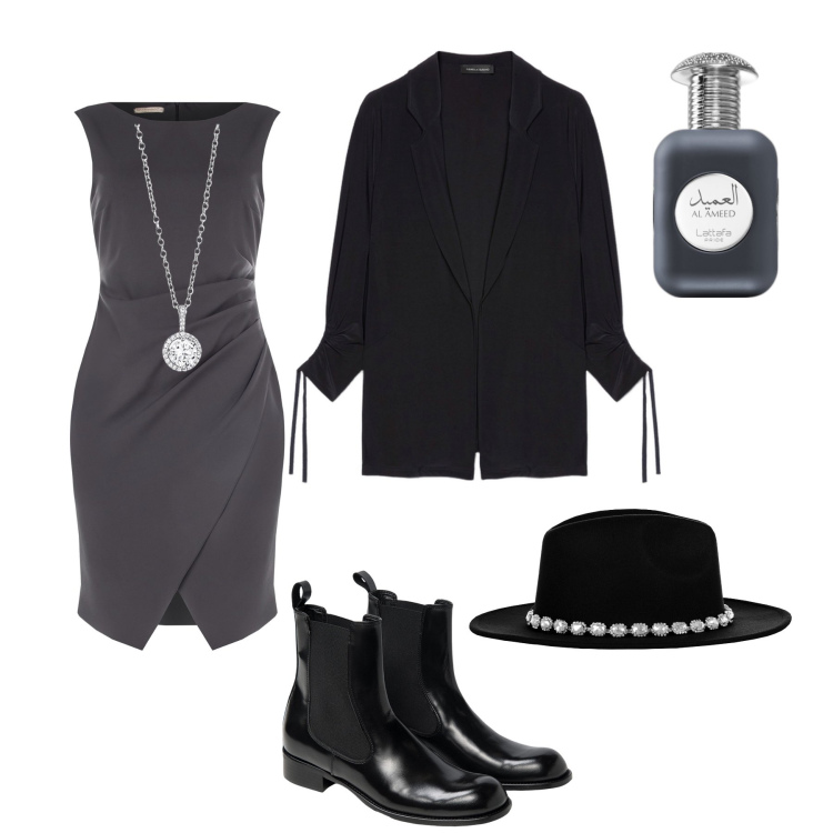 Outfit donna - Tubino e chelsea boots di sera !. Stile Casual chic per Serata fuori. Abbinamento con profumi, vestiti a tubino, cappelli, collane, blazer, stivaletti chelsea.