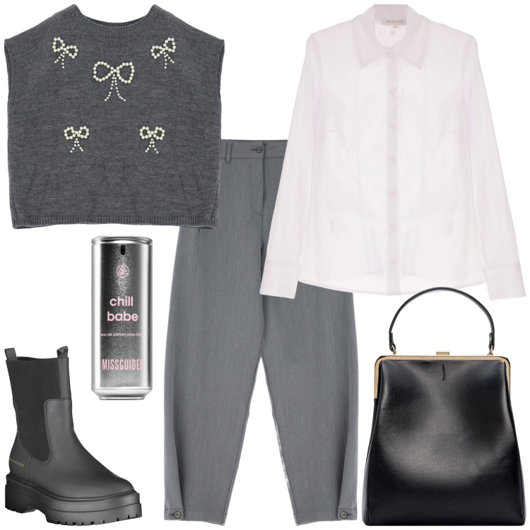 Outfit donna - Il maglione smanicato. Stile Trendy per Tutti i giorni. Abbinamento con profumi, camicie, maglieria, pantaloni, stivali, borse a spalla.