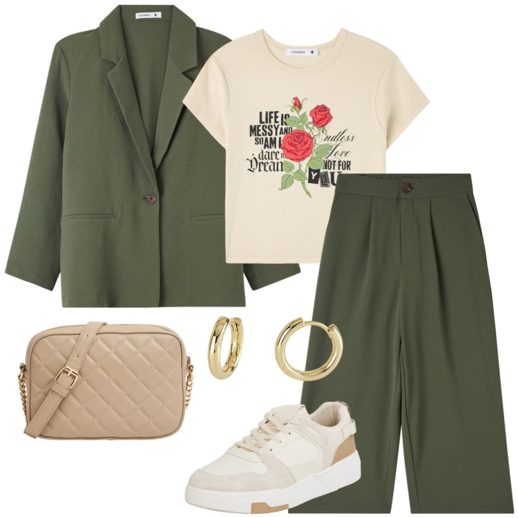 Outfit donna - Total look #1970604. Stile Casual chic per Tutti i giorni. Abbinamento con pantaloni a palazzo, blazer, sneakers, t-shirt, borse a tracolla, orecchini.