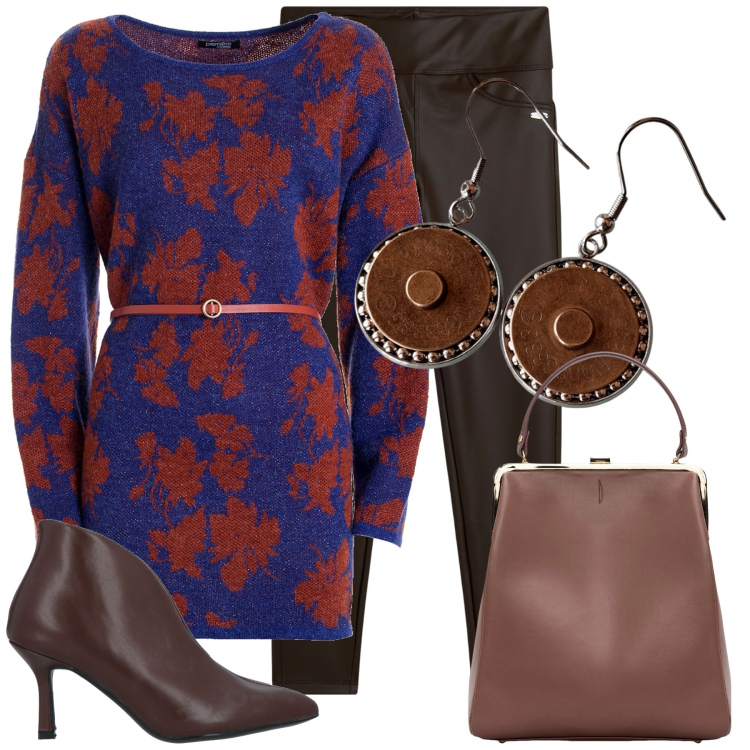 Outfit donna - Saldi glamour. Stile Glamour per Ufficio. Abbinamento con stivaletti, maglieria, leggings, borse a spalla, orecchini.