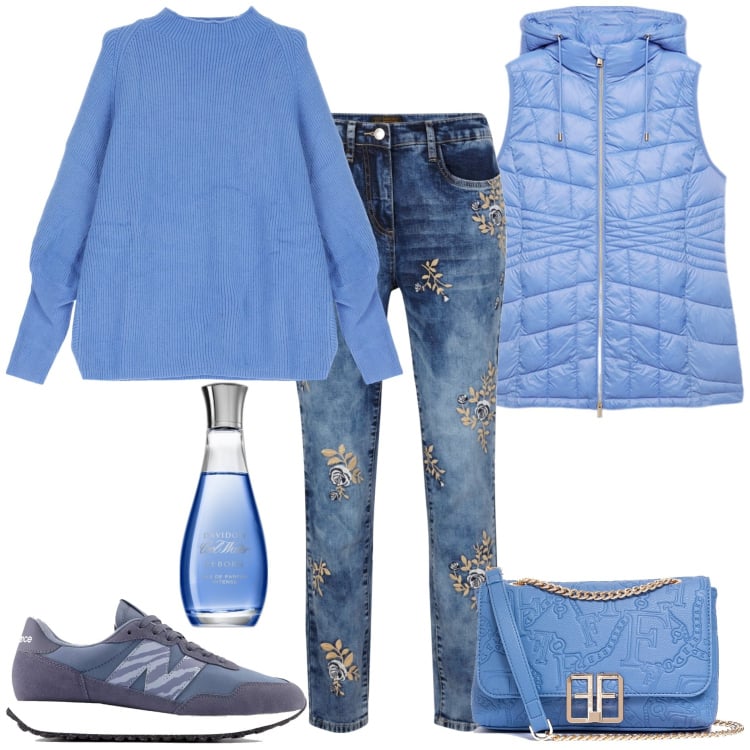 Outfit donna - Azzurro cielo. Stile Trendy per Tutti i giorni. Abbinamento con jeans, profumi, sneakers, borse a tracolla, maglieria, piumini.