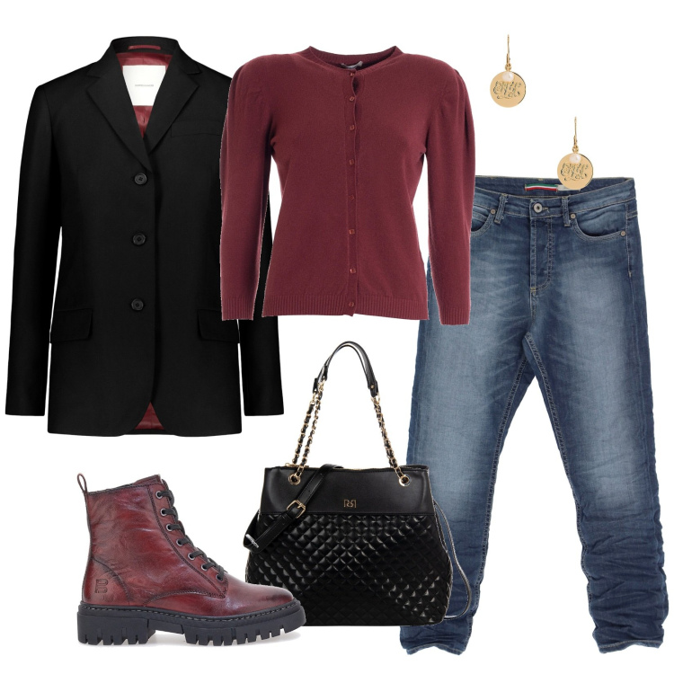 Outfit donna - Per ogni giorno. Stile Trendy per Tutti i giorni. Abbinamento con shopping bag, cardigans, jeans, orecchini, anfibi, blazer.