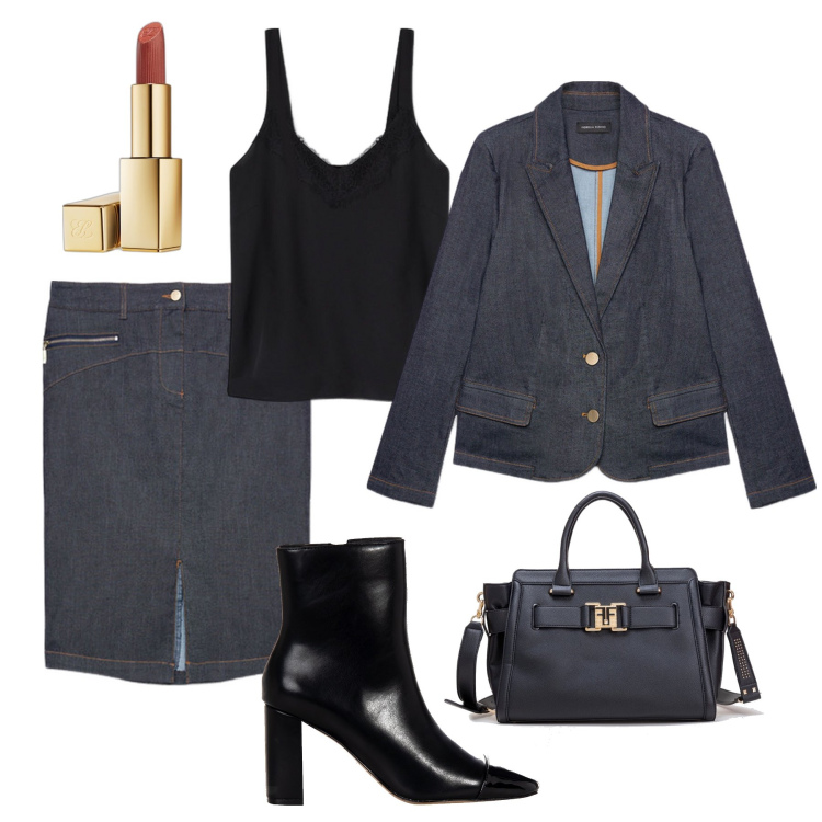 Outfit donna - Completo denim stretch in ufficio. Stile Casual chic per Ufficio. Abbinamento con rossetti, stivaletti, borse tote, blazer, gonne, top.