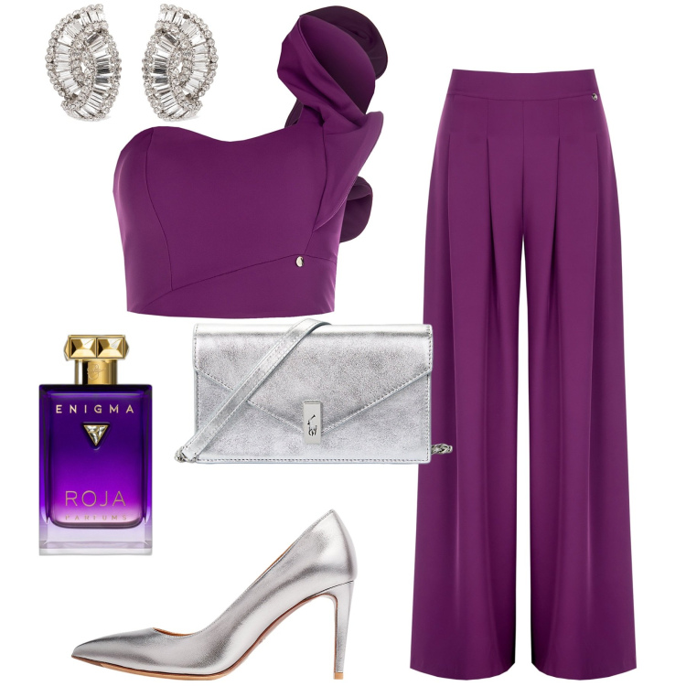 Outfit donna - Wedding guest. Stile Glamour per Cerimonia. Abbinamento con profumi, pantaloni a palazzo, top, décolleté, clutch, orecchini.