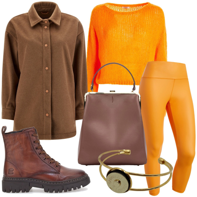 Outfit donna - Arancio - penso positivo. Stile Casual chic per Scuola/Università. Abbinamento con maglieria, treggings, cappotti, borse a spalla, stivaletti, braccialetti.