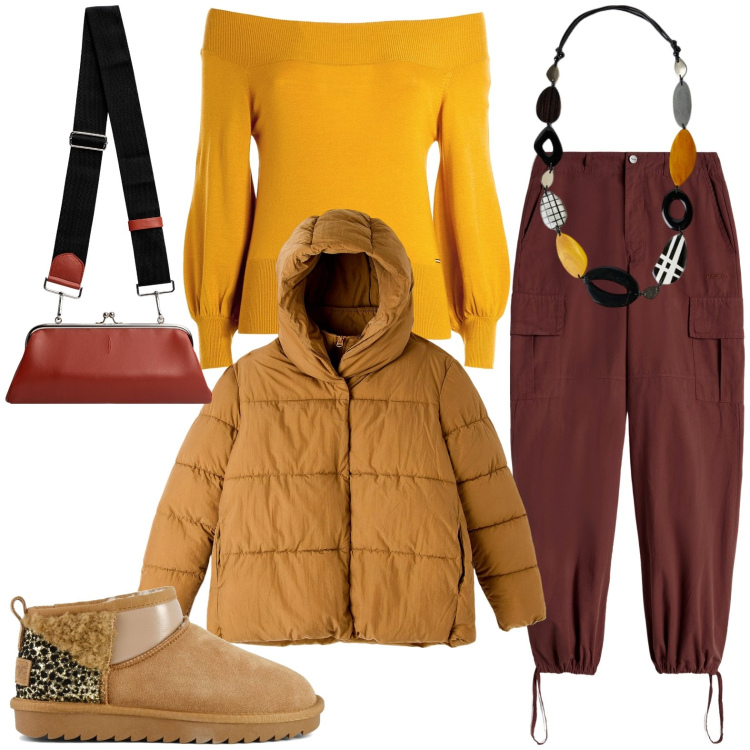 Outfit donna - Total look #1970626. Stile Casual chic per Tutti i giorni. Abbinamento con piumini, maglieria, pantaloni cargo, stivali, clutch, collane.