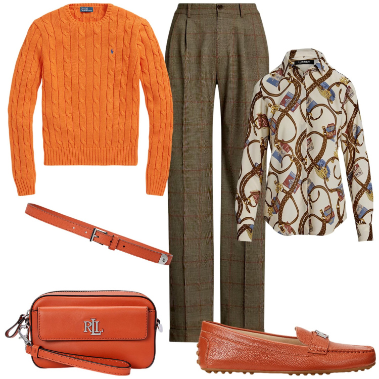 Outfit donna - Arancio autunno. Stile Casual chic per Ufficio. Abbinamento con maglieria, pochette, mocassini, pantaloni, camicie, cinture.