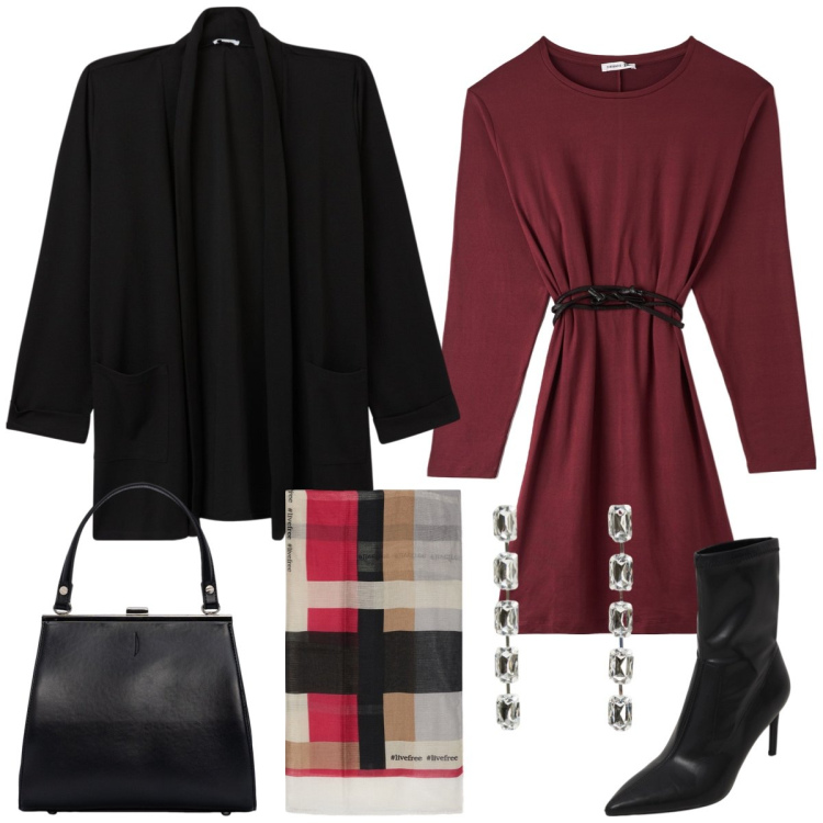 Outfit donna - Total look #1970635. Stile Casual chic per Serata fuori. Abbinamento con blazer, stivaletti, orecchini, vestiti midi/longuette, sciarpe, clutch.