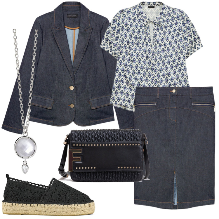 Outfit donna - Total look #1970641. Stile Casual chic per Tutti i giorni. Abbinamento con collane, borse a tracolla, espadrillas, gonne, camicie a manica corta, blazer.