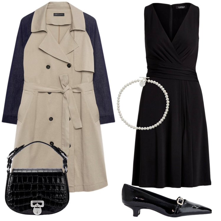 Outfit donna - Classe e stile. Stile Bon Ton per Ufficio. Abbinamento con ballerine, collane, vestiti, borse a tracolla, trench.