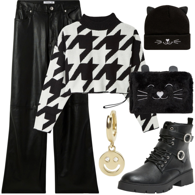 Outfit donna - Leather Mania. Stile Rock per Tutti i giorni. Abbinamento con anfibi, berretti, maglieria, pantaloni, valigie, orecchini.