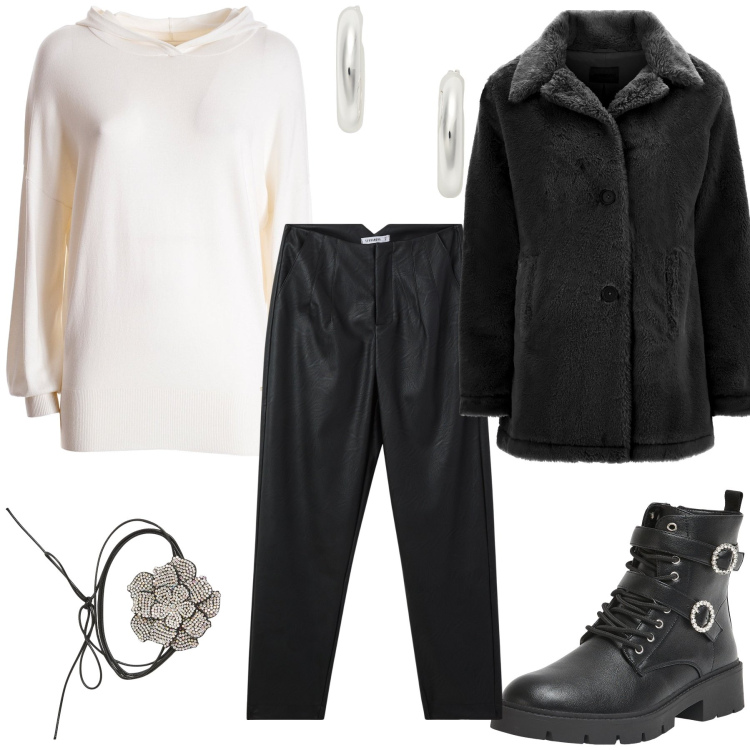 Outfit donna - Total look #1970684. Stile Rock per Tutti i giorni. Abbinamento con pantaloni chino, anfibi, collane, maglieria, cappotti, orecchini.