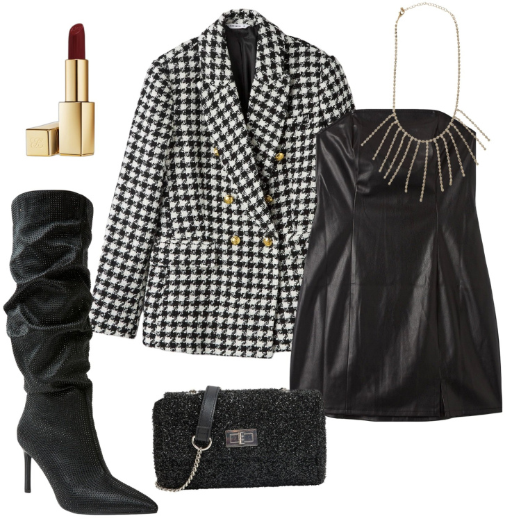 Outfit donna - Rock Chic by Terranova. Stile Rock per Serata fuori. Abbinamento con rossetti, blazer, vestiti midi/longuette, stivali, collane, borse a tracolla.