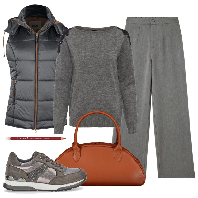 Outfit donna - Abbinamenti neutri. Stile Casual chic per Tutti i giorni. Abbinamento con maglieria, gilet, matite labbra, pantaloni, sneakers, borse a spalla.