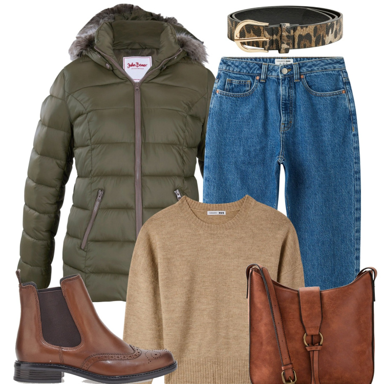 Outfit donna - A scuola. Stile Basic per Scuola/Università. Abbinamento con borse a tracolla, piumini, jeans mom, maglieria, cinture, stivaletti chelsea.