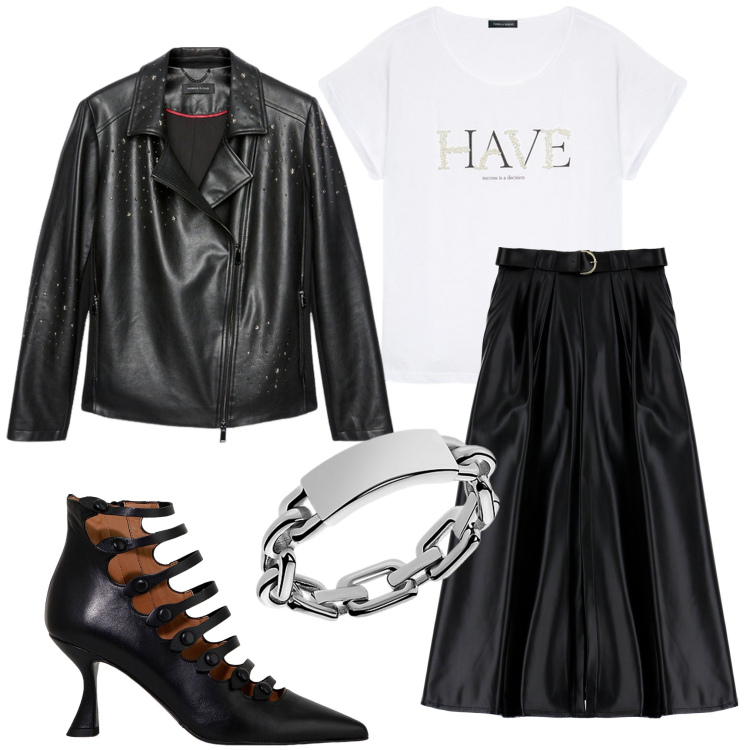 Outfit donna - Look rock chic. Stile Rock per Serata fuori. Abbinamento con gonne lunghe, stivaletti, anelli, t-shirt, top.