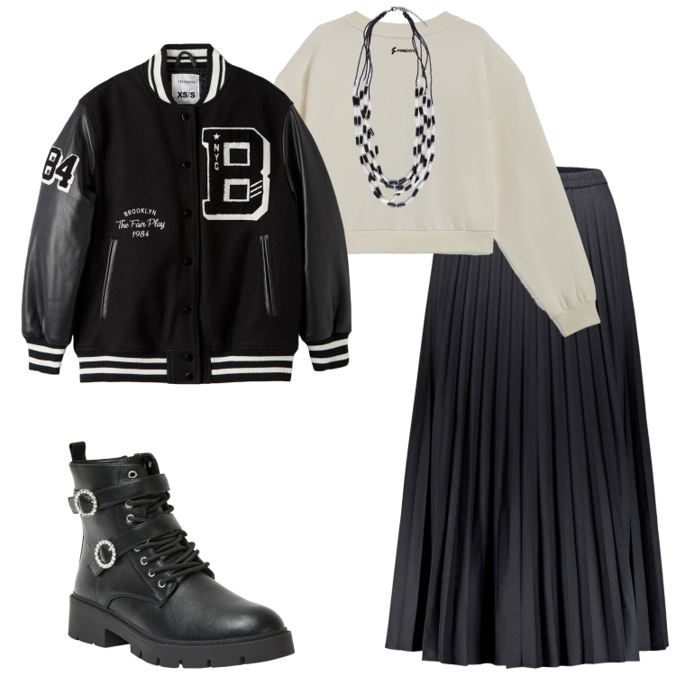Outfit donna - Mix and match. Stile Casual chic per Serata fuori. Abbinamento con anfibi, bomber, felpe, gonne lunghe, collane.
