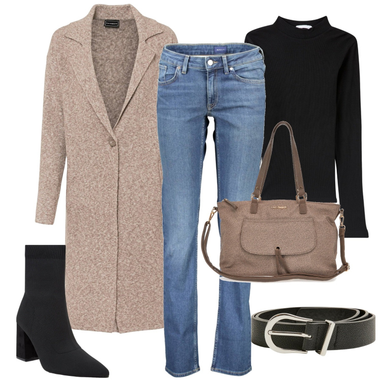 Outfit donna - Ottobre. Stile Urban per Tutti i giorni. Abbinamento con cappotti, cinture, stivaletti, t-shirt, jeans, borse a spalla.