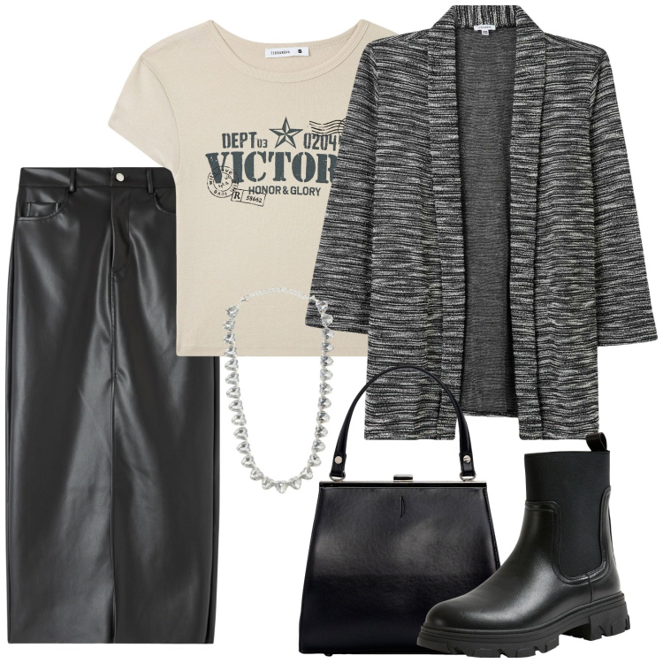 Outfit donna - Inaspettatamente rock. Stile Rock per Serata fuori. Abbinamento con blazer, t-shirt, collane, gonne lunghe, stivaletti chelsea, clutch.