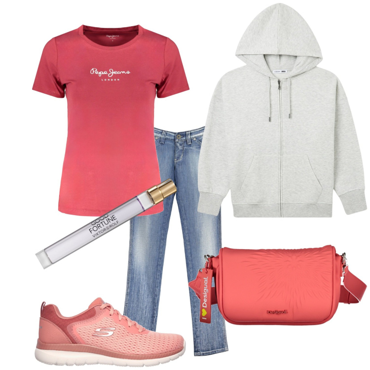 Outfit donna - In un attimo. Stile Casual per Tutti i giorni. Abbinamento con profumi, felpe con cappuccio, t-shirt, jeans, sneakers, borse a spalla.