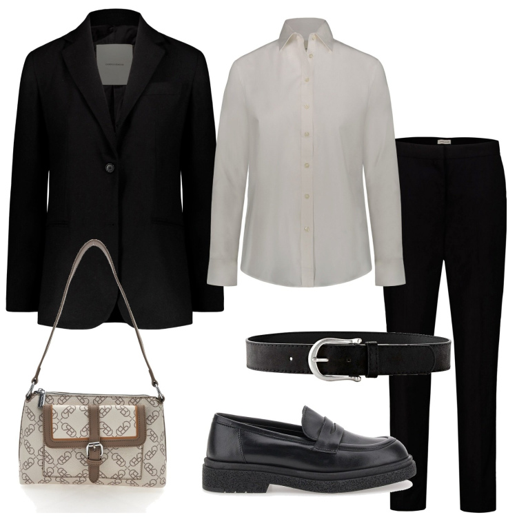 Outfit donna - Mannish. Stile Mannish per Ufficio. Abbinamento con cinture, pantaloni, blazer, camicie, mocassini, borse a spalla.