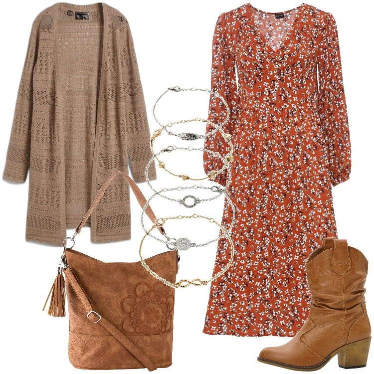 Outfit donna - Bonprix - Autumn favourites. Stile Boho per Tutti i giorni. Abbinamento con stivaletti texani, borse a mano, braccialetti con ciondoli, vestiti midi/longuette, cardigans.