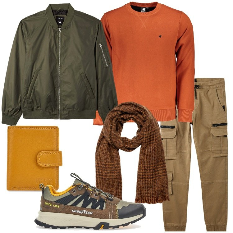 Outfit uomo - Colori autunnali. Stile Casual per Tutti i giorni. Abbinamento con bomber, pantaloni cargo, sciarpe, felpe, scarpe sportive, portafogli.