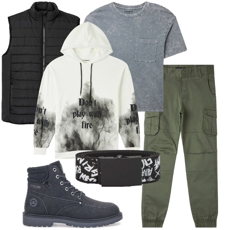 Outfit uomo - Pantaloni cargo. Stile Urban per Serata speciale. Abbinamento con gilet, t-shirt, felpe, cinture, pantaloni cargo, stivali e stivaletti.