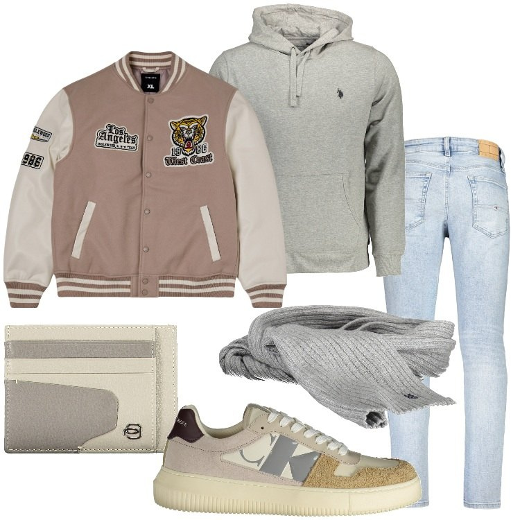 Outfit uomo - Il bomber in stile college. Stile Trendy per Tutti i giorni. Abbinamento con bomber, sneakers, jeans, felpe con cappuccio, portafogli, sciarpe.
