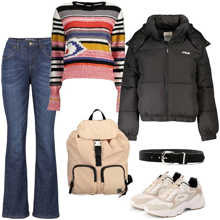 Outfit donna - Total look #1970783. Stile Trendy per Scuola/Università. Abbinamento con cinture, jeans bootcut, sneakers, maglieria, blazer, zaini.