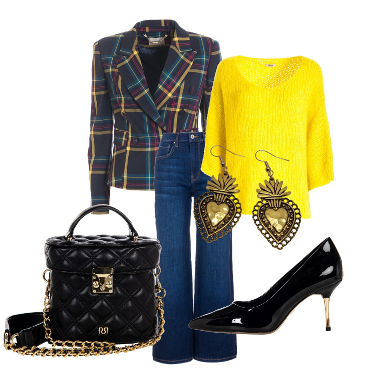 Outfit donna - Total look #1970851. Stile Casual chic per Tutti i giorni. Abbinamento con borse a mano, décolleté, blazer, jeans, maglieria, orecchini.