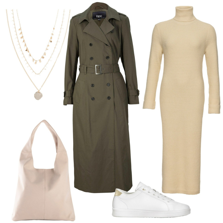 Outfit donna - Lana panna. Stile Casual per Scuola/Università. Abbinamento con collane, trench, vestiti, sneakers, shopping bag.
