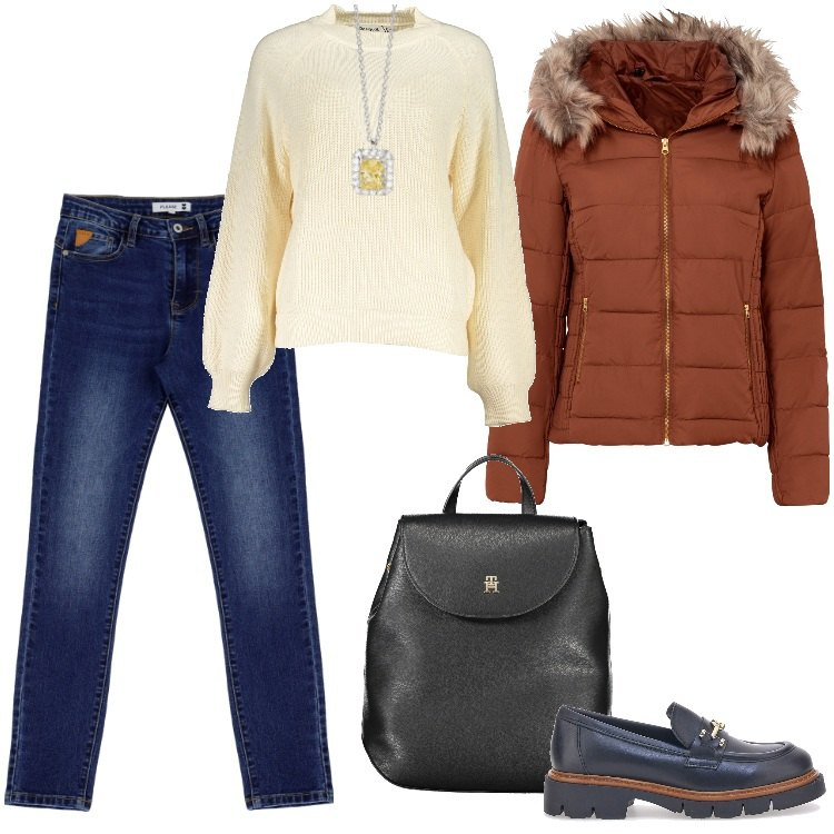 Outfit donna - Total look #1970878. Stile Sporty chic per Ufficio. Abbinamento con giacche, collane, jeans skinny, zaini, maglieria, mocassini.