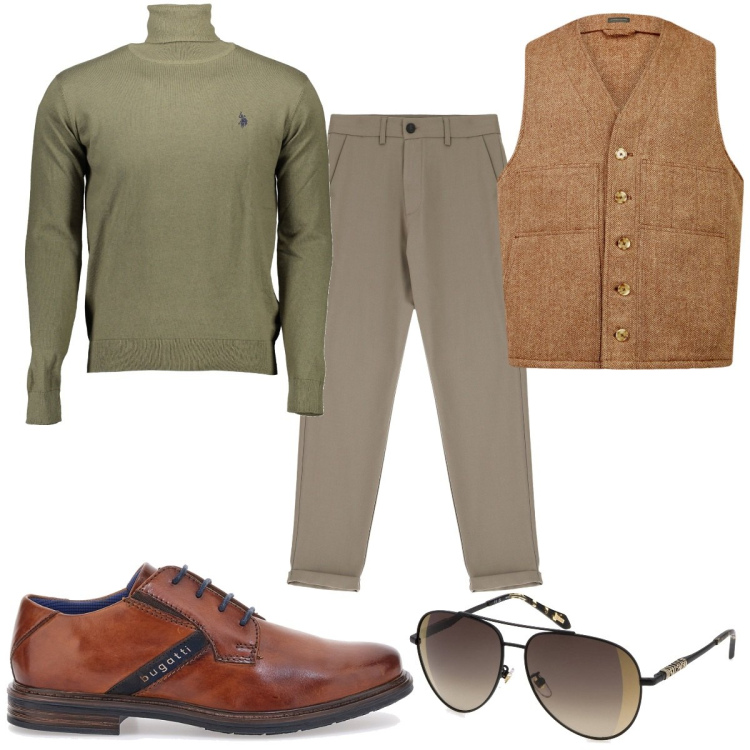 Outfit uomo - Total look #1970895. Stile Casual per Tutti i giorni. Abbinamento con pantaloni, gilet, maglieria, scarpe stringate, occhiali da sole.