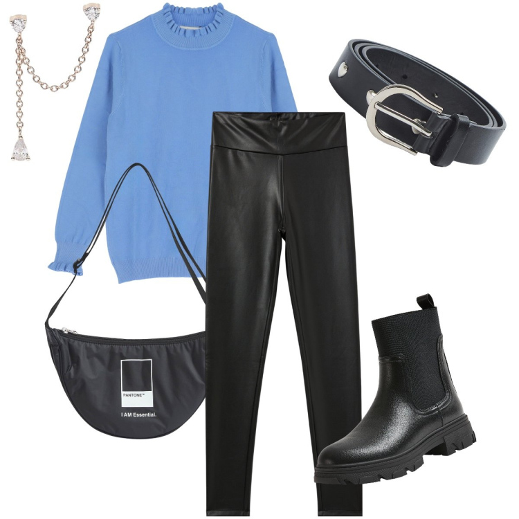 Outfit donna - Leggins e maglione oversize. Stile Rock per Tutti i giorni. Abbinamento con marsupi, stivaletti chelsea, treggings, cinture, orecchini, maglieria.
