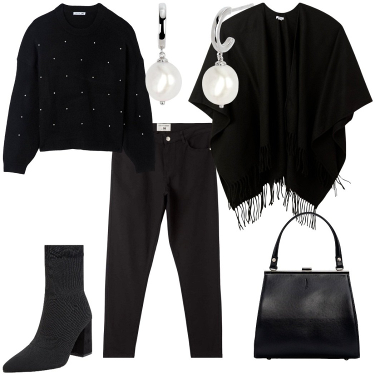 Outfit donna - Total black. Stile Casual chic per Serata fuori. Abbinamento con orecchini, cappe, maglieria, stivaletti, pantaloni, clutch.