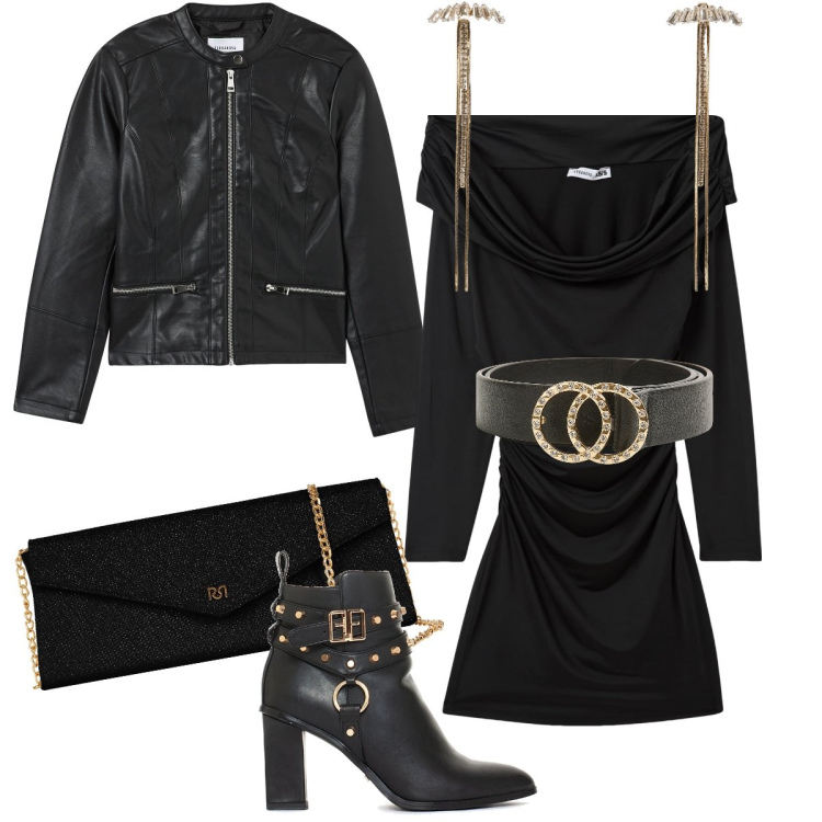 Outfit donna - Leather mania. Stile Rock per Serata fuori. Abbinamento con vestiti corti, orecchini, cinture, blazer, pochette, stivaletti.