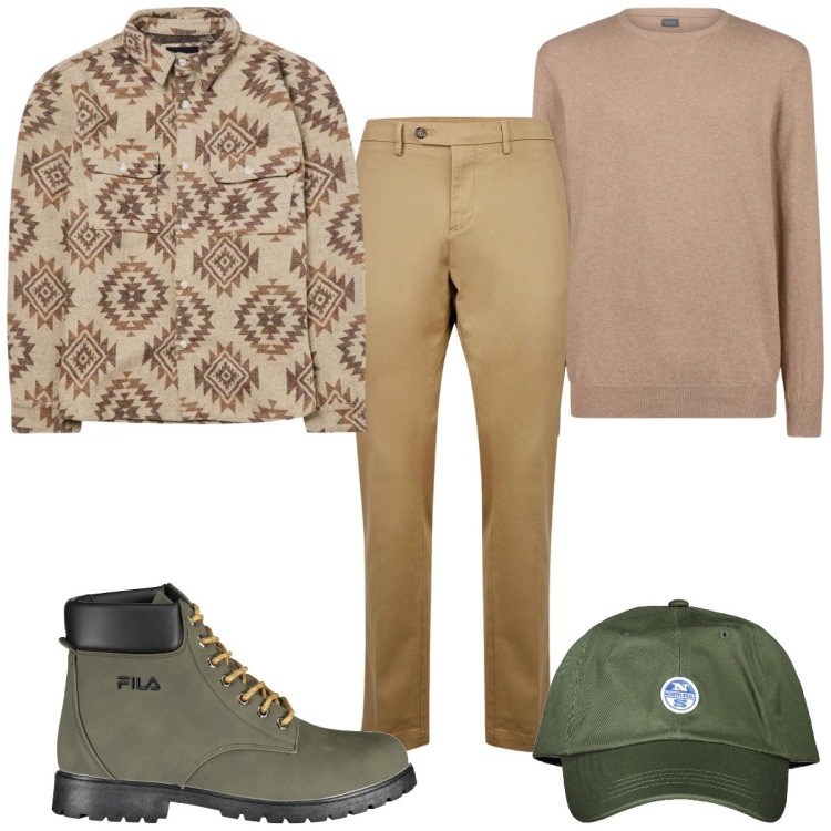 Outfit uomo - Total look #1970907. Stile Trendy per Tutti i giorni. Abbinamento con cappotti, maglieria, pantaloni chino, stivali, cappelli con visiera.