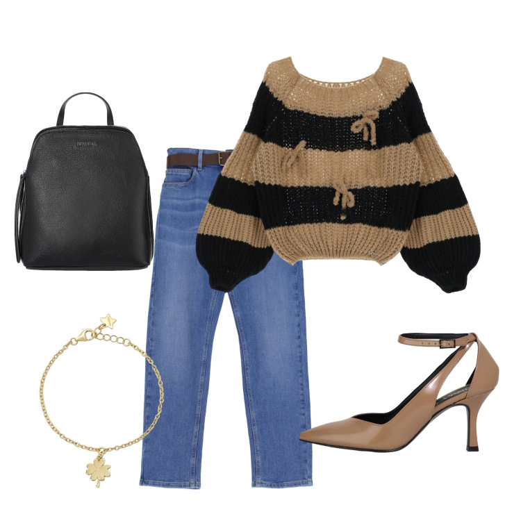Outfit donna - Total look #1970908. Stile Casual chic per Ufficio. Abbinamento con braccialetti con ciondoli, maglieria, jeans dritti, zaini, décolleté.