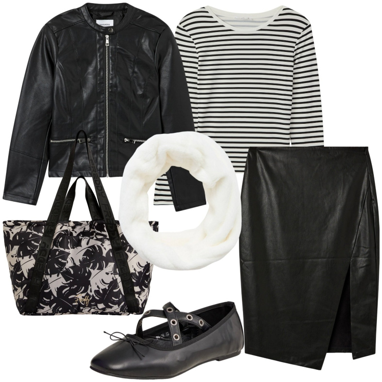 Outfit donna - Total look #1970975. Stile Casual per Tutti i giorni. Abbinamento con ballerine, gonne longuette, blazer, fasce per capelli, maglieria, shopping bag.