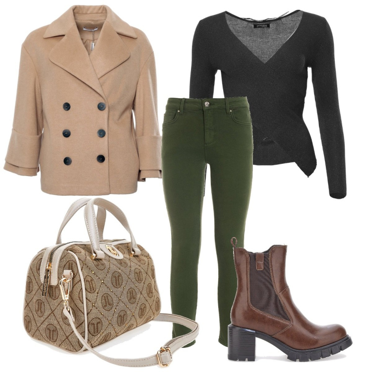 Outfit donna - Verde oliva. Stile Casual per Tutti i giorni. Abbinamento con jeans skinny, cappotti, maglieria, stivaletti, borse a mano.