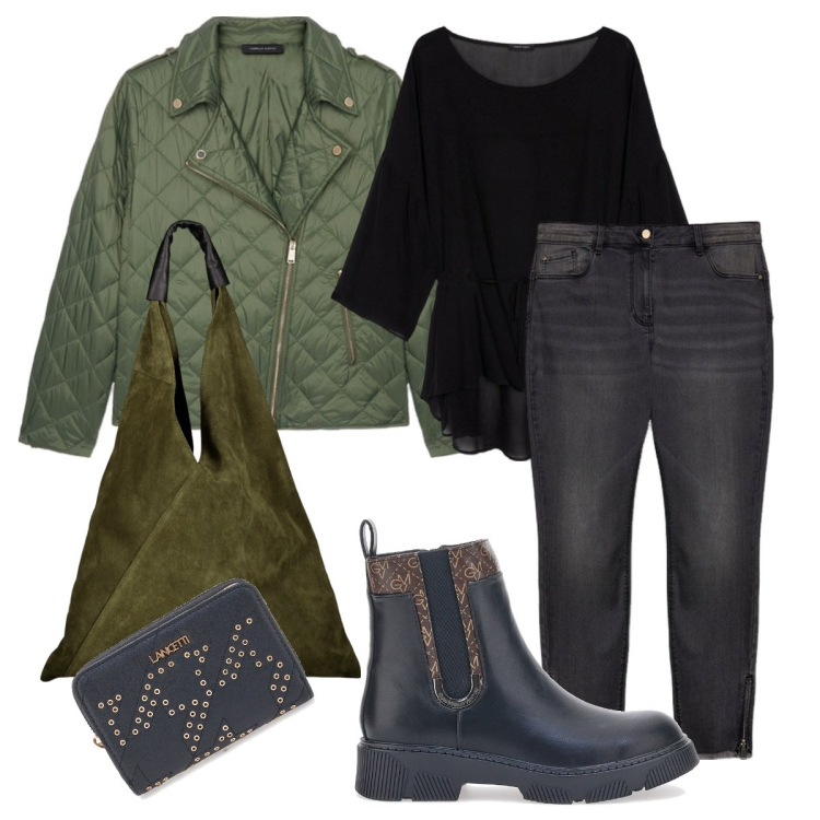 Outfit donna - Curvy verde oliva. Stile Casual chic per Tutti i giorni. Abbinamento con stivaletti chelsea, portafogli, bluse, jeans skinny, piumini, borse a spalla.