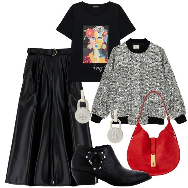 Outfit donna - Ottobre rock. Stile Rock per Serata fuori. Abbinamento con gonne lunghe, bomber, stivaletti, orecchini, borse a spalla, t-shirt.