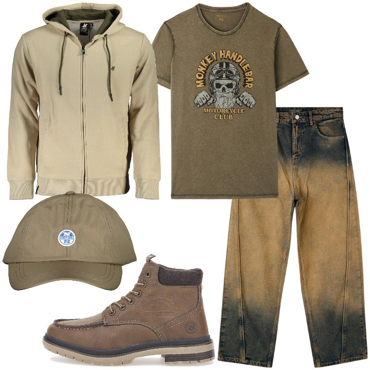 Outfit uomo - Jeans balloon effetto "dirty". Stile Trendy per Tutti i giorni. Abbinamento con jeans, t-shirt, stivali e stivaletti, felpe con cappuccio, cappelli con visiera.