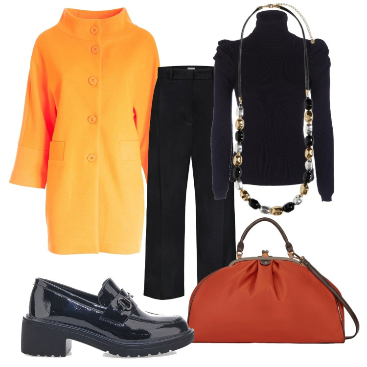 Outfit donna - Arancio per l\'autunno. Stile Trendy per Ufficio. Abbinamento con cappotti, maglieria, mocassini, pantaloni, borse a spalla, collane.
