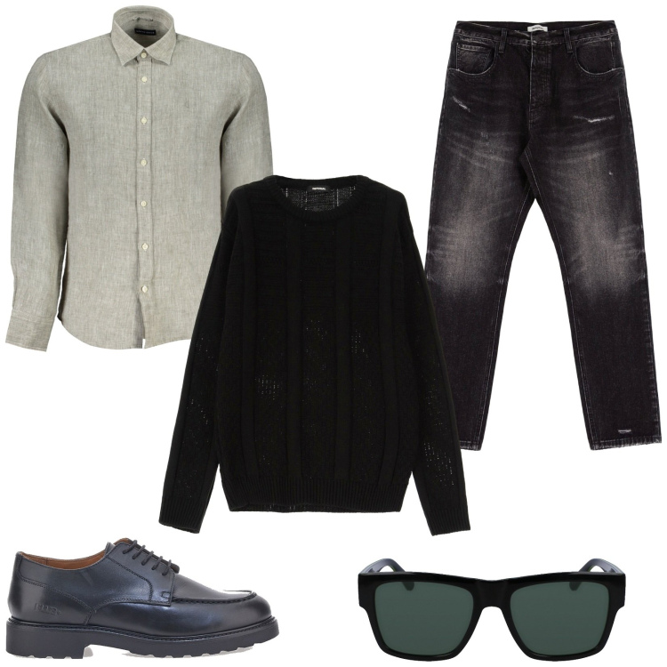 Outfit uomo - Layering strategico. Stile Trendy per Ufficio. Abbinamento con pullovers, jeans slim fit, scarpe stringate, occhiali da sole, camicie.