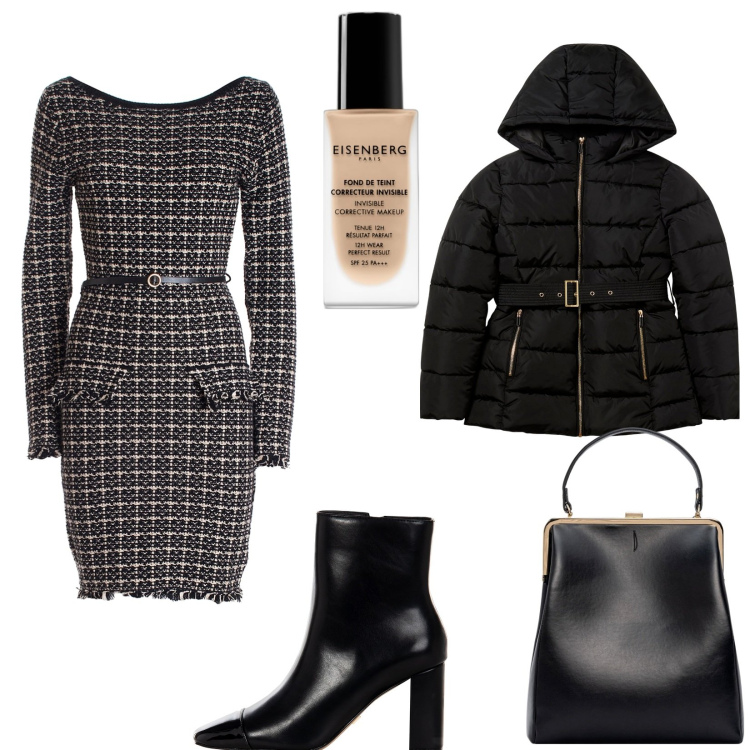 Outfit donna - Mix and match. Stile Casual chic per Ufficio. Abbinamento con fondotinta, blazer, stivaletti, vestiti, borse a spalla.