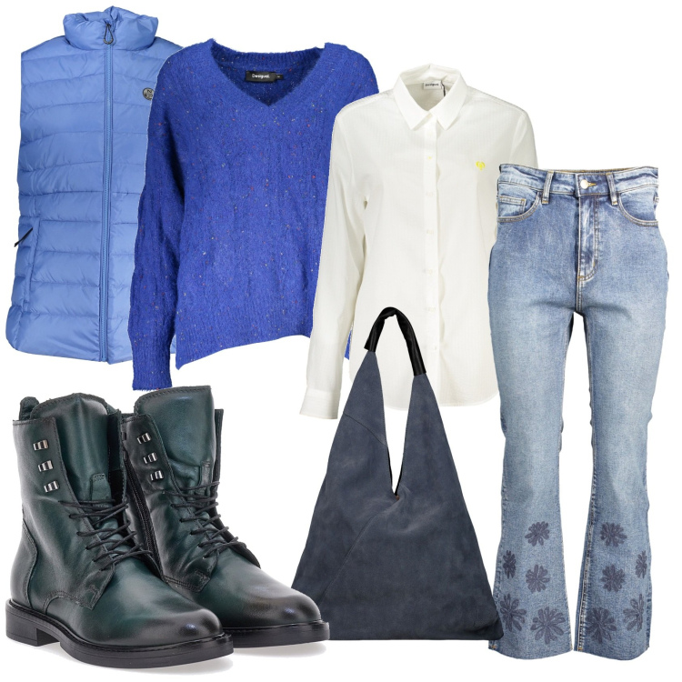 Outfit donna - Casual quasi desigual. Stile Casual per Tutti i giorni. Abbinamento con anfibi, maglieria, jeans, borse a spalla, blazer, camicie.