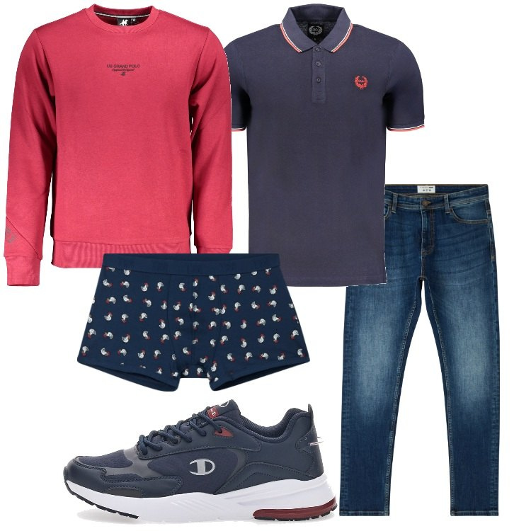 Outfit uomo - Casual blu e rosso. Stile Casual per Tutti i giorni. Abbinamento con jeans skinny, boxer, polo, sneakers, felpe.