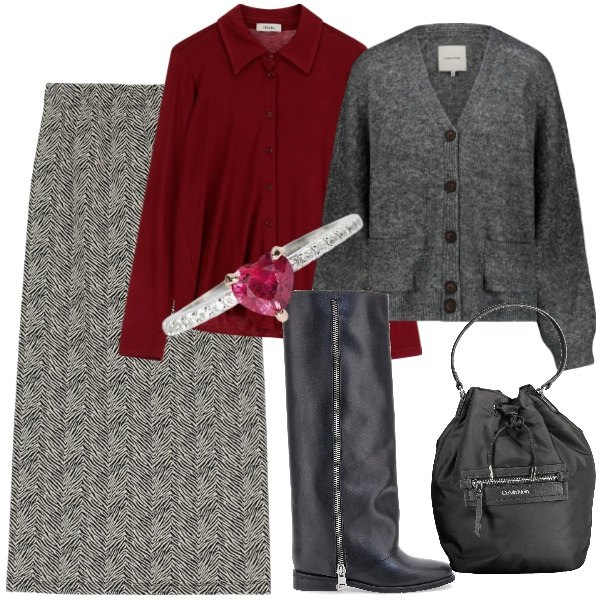Outfit donna - Ottobre ufficio. Stile Bon Ton per Ufficio. Abbinamento con anelli, gonne, camicie, stivali, cardigans, borse a secchiello.